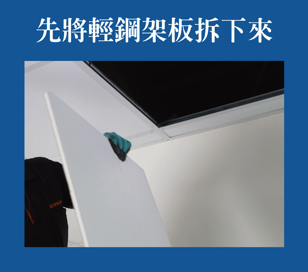 可以先將要在天花板監視器的那塊輕鋼架板拆下來,在地面操作
