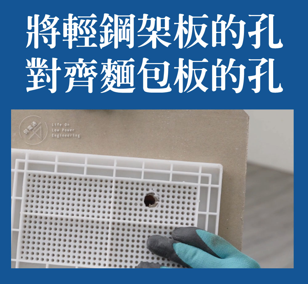 將天花板用的輕鋼架板跟麵包板對齊 之後再將監視器訊號線穿過
